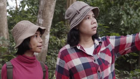 Mittlerer-Schuss.-Asiatische-Familien-mit-Mutter-und-Tochter-halten-Hand-beim-Spaziergang-in-der-Morgen-Natur-in-Wald-Farbe-grün.-Das-Konzept-des-Familienlebens-im-Urlaub