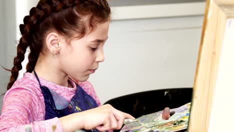Close-up-of-a-pretty-little-girl-holding-pallette-painting-a-picture