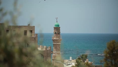 The-minaret-of-the-old-mosque-in-the-city-of-Jaffa-Tel-Aviv-against-the-sea