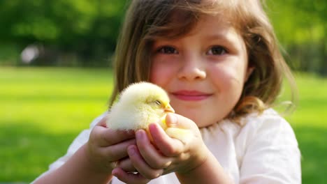 Kleine-Mädchen-spielen-mit-Küken