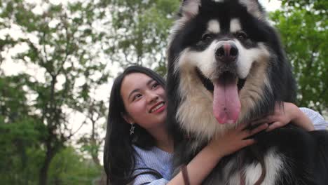 Feliz-joven-mujer-asiática-con-su-perro-Alaska-malamute-al-aire-libre,-4k