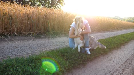 Toma-de-Dolly-de-hermosa-chica-en-gafas-de-sol-abrazando-y-besando-a-su-perro-husky-en-carretera-cerca-de-campo-de-trigo-al-atardecer.-Mujer-joven-con-pelo-rubio,-pasar-tiempo-junto-a-su-mascota-en-la-naturaleza.-Cierre-para-arriba