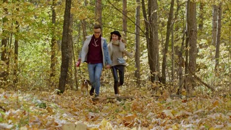 Pareja-joven-ejecutando-con-perro-en-el-bosque-del-otoño