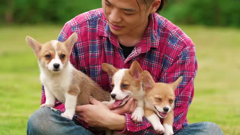 Joven-feliz-con-su-cachorro-de-perro-al-aire-libre,-4k