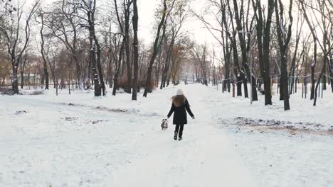 Young-woman-running-with-Jack-Russell-terrier-in-winter-time-through-park,-aerial-view,-drone-footage