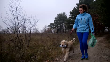 Labrador-retriever-ayudando-a-recoger-basura-de-mujer