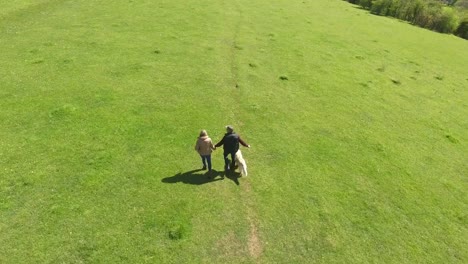 Toma-aérea-de-pareja-y-perro-en-a-pie-de-campo