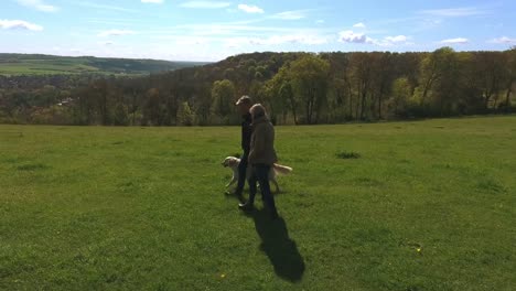 Toma-aérea-de-pareja-y-perro-en-a-pie-de-campo