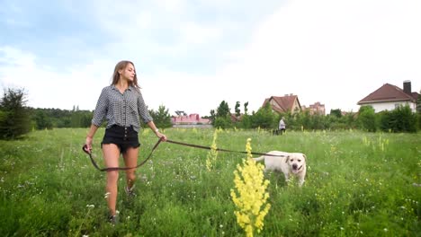 Attraktive-Frau-mit-dem-Hund-spazieren-gehen