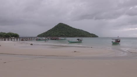 Streunende-Hunde,-die-zu-Fuß-am-Sandstrand-unter-dunklen-Wolken-Himmel