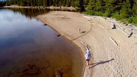 Mujer-con-su-perro-del-animal-doméstico-caminar-cerca-de-la-costa-del-río-en-un-día-soleado-4k