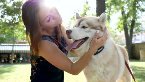 Eigentümer,-streichelte-sein-Haustier-bei-Gegenlicht-im-Freien,-junge-Frau-umarmt-husky-Hund-Nahaufnahme