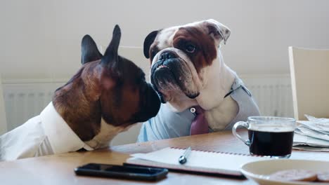 Close-up-of-two-dogs-at-a-meeting-in-a-business-meeting-room