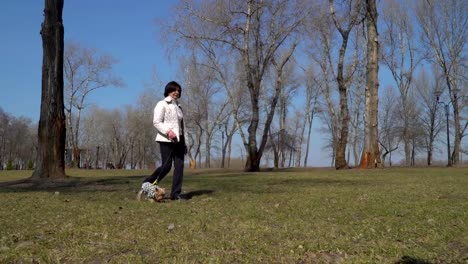 Mujer-Senior-a-pie-en-el-parque-con-perro-pequeño