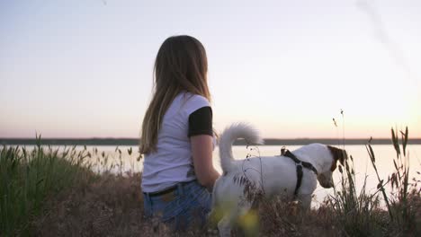 Young-happy-woman-and-het-little-dog-sitting-with-flying-kite-on-a-glade-at-sunset