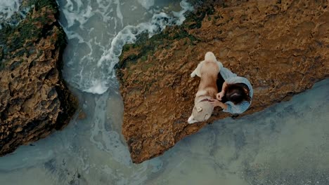 man-making-proposal-to-his-girlfriend-sending-husky-dog-with-ring.-Engagement-on-beach