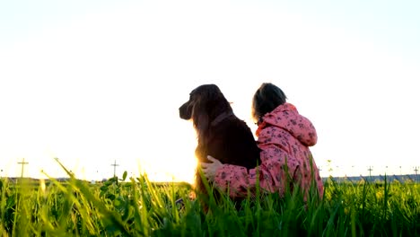 Mujer-abrazando-a-un-perro-en-la-puesta-de-sol,-una-chica-joven-con-un-animal-doméstico-sentado-sobre-la-hierba-y-relajante-en-la-naturaleza