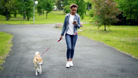 Chica-bastante-afro-americana-en-vaqueros-y-chaqueta-vaquera-es-caminar-su-perro-de-raza-pura-en-el-parque-de-la-ciudad-y-con-smartphone-va-camino-con-césped-y-árboles-visibles.