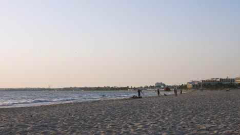 Boys-teenagers-playing-with-dog-at-horizon-while-walking-on-sea-beach.-Summer-activity