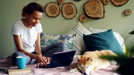 Glückliche-junge-Frau-Freelancer-arbeitet-mit-Laptop-Texteingabe-auf-Bett-zu-Hause-sitzend-mit-niedlichen-Hund-liegen-in-ihrer-Nähe.-Entfernten-Arbeit-und-Menschen-Onlinekonzept.