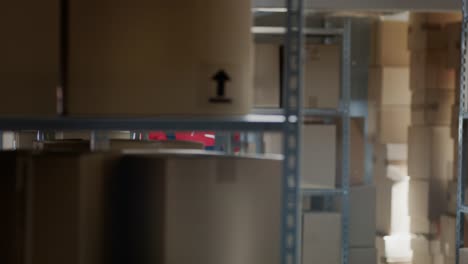 Worker-Walks-Through-Warehouse-Checking-Stock,-On-the-Shelves-Standing-Cardboard-Boxes.