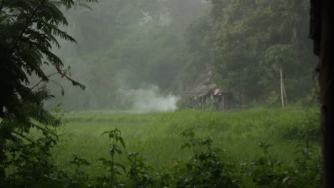 handheld-footage-of-a-small-campfire-extinguished-by-a-tropical-rain-storm-in-Northern-Thailand,-Mae-Hong-Son,-during-rainy-season