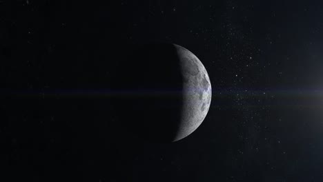 Luna.-Una-pequeña-parte-es-iluminada-por-el-sol.-La-luna-es-inmóvil-y-que-lentamente-se-acerca.-Vista-desde-el-espacio.-Centellean-de-estrellas.-4K.