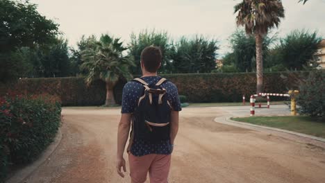 Lost-tourist-man-is-walking-in-tropical-garden-area-of-park-,-back-view