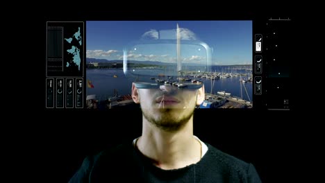 junger-netter-Mann-mit-3D-Realität-im-Leben-mit-Oculus-und-Augmented-Reality-Technologie-mit-Realitätsumsichten.