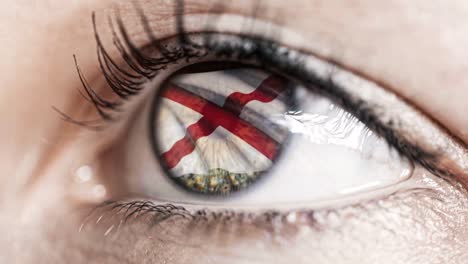 Woman-green-eye-in-close-up-with-the-flag-of-Alabama-state-in-iris,-united-states-of-america-with-wind-motion.-video-concept