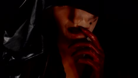 Woman-with-blood-hands-touching-mouth