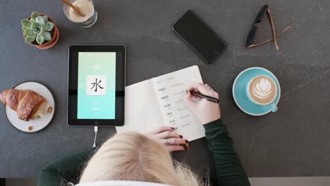 Frau-mit-Fremdsprache-lernen-chinesische-Handy-app