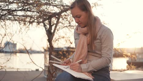 Künstlerin-Frau-rückt-Bild-sitzt-in-einem-Park-bei-Sonnenuntergang