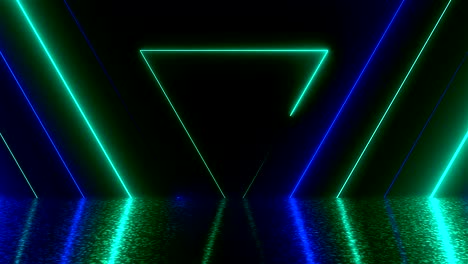 Abstract-triangles-neon-tunnel-with-reflection,-computer-generated-background