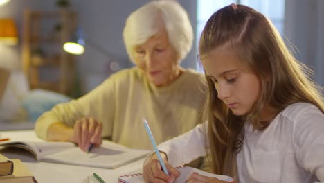 Senior-femenino-Tutor-dando-una-lección-a-la-niña-en-casa