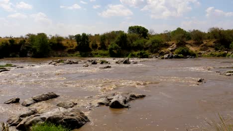 Ein-Blick-auf-die-Stromschnellen-des-Flusses-Mara-mit-braunem-Wasser-In-Afrika