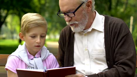 Abuelo-enseñando-a-nieto-leyendo,-descansando-sobre-un-banco-en-el-parque-de-verano,-familia