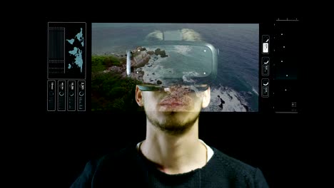 junger-netter-Mann-mit-3D-Realität-im-Leben-mit-Oculus-und-Augmented-Reality-Technologie-mit-Realitätsumsichten.