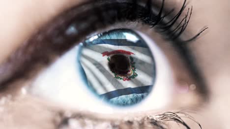 Mujer-ojo-azul-en-primer-plano-con-la-bandera-del-estado-de-Virginia-Occidental-en-iris,-estados-unidos-de-América-con-movimiento-de-viento.-concepto-de-vídeo