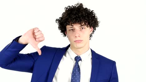 Thumbs-Down-by-Young-Businessman,-White-Background