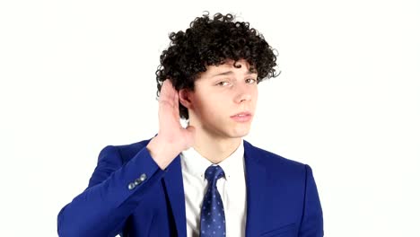 Listening-Carefully-Young-Businessman,-White-Background