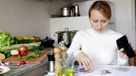 Blondine-posiert-in-der-Küche-mit-Münzen-und-Scheine