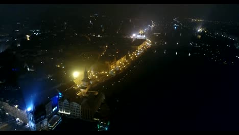 Night-panorama-of-Prague,-Panoramic-view-from-the-air-to-St.-Vitus-Cathedral-in-Prague,-lights-of-the-night-city,-Prague