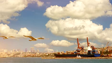 CINEMAGRAMM---Containerladung-Frachtschiff-von-Kranbrücke.