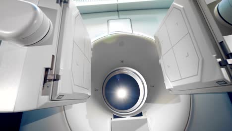 Neue-medizinische-Geräte-in-Aktion.-Weiße-tomographische-Scanner-in-ein-modernes-Krankenhaus.