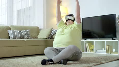 Overweight-Woman-in-VR-Goggles-Doing-Yoga