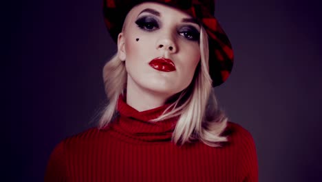 Woman-in-red-hat-with-red-lips.