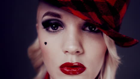 Chica-de-moda-retra.-Labios-rojos-de-sombrero-rojo.