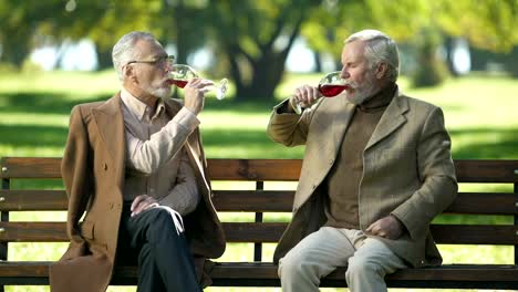Zwei-elegante-senior-Herren-klirrende-Gläser-Wein-im-Park,-alte-Freundschaft