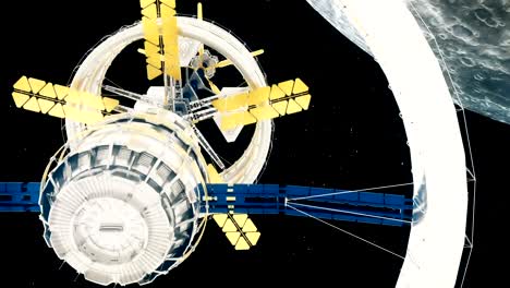 Raumstation-ISS-fliegt-um-den-Mond-herum.-Schöne-detaillierte-Animation.